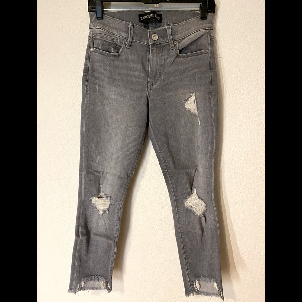 Express distressed gray wash jean legging, size 4S.